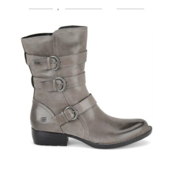 Born Size 8 Mariette Boots Gray Leather Buckle Moto Punk Grunge Boho Mid Calf - Picture 1 of 11